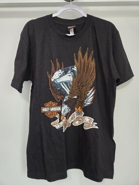 Harley Davidson Black T Tee Shirt With Eagle 2022 Unisex LARGE 100% Cotton